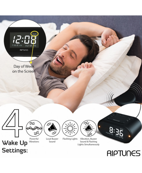 RIPTUNES Dual Alarm Clock, Vibrating Bed Shaker, Loud, Flashing Lights, Dimmer