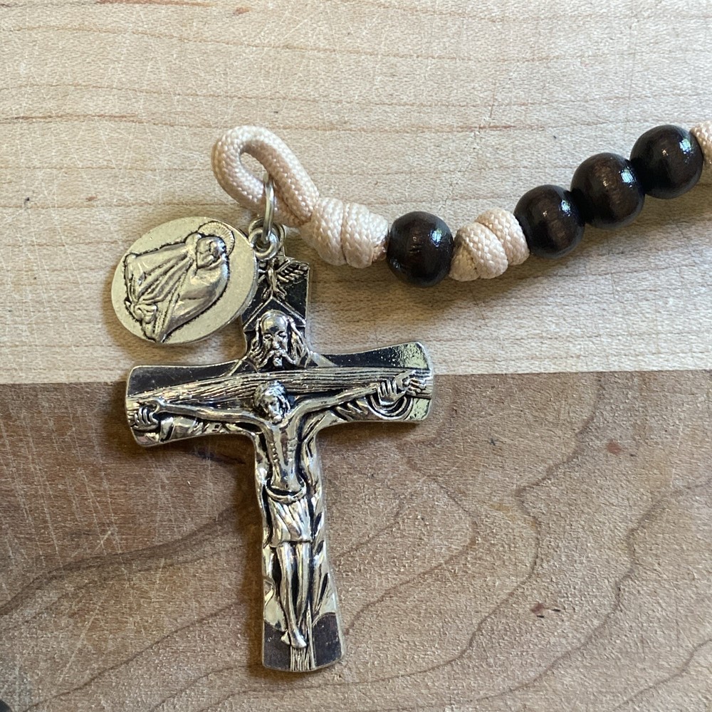 Sleeping Saint Joseph Wood & Cord Rosary 8mm Beads Trinity Crucifix 15.5”