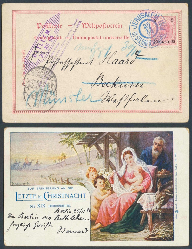 PALESTINE Turkey Austria Post 1899 Blue Jerusalem+Bethlehem PMK on PPC , Israel