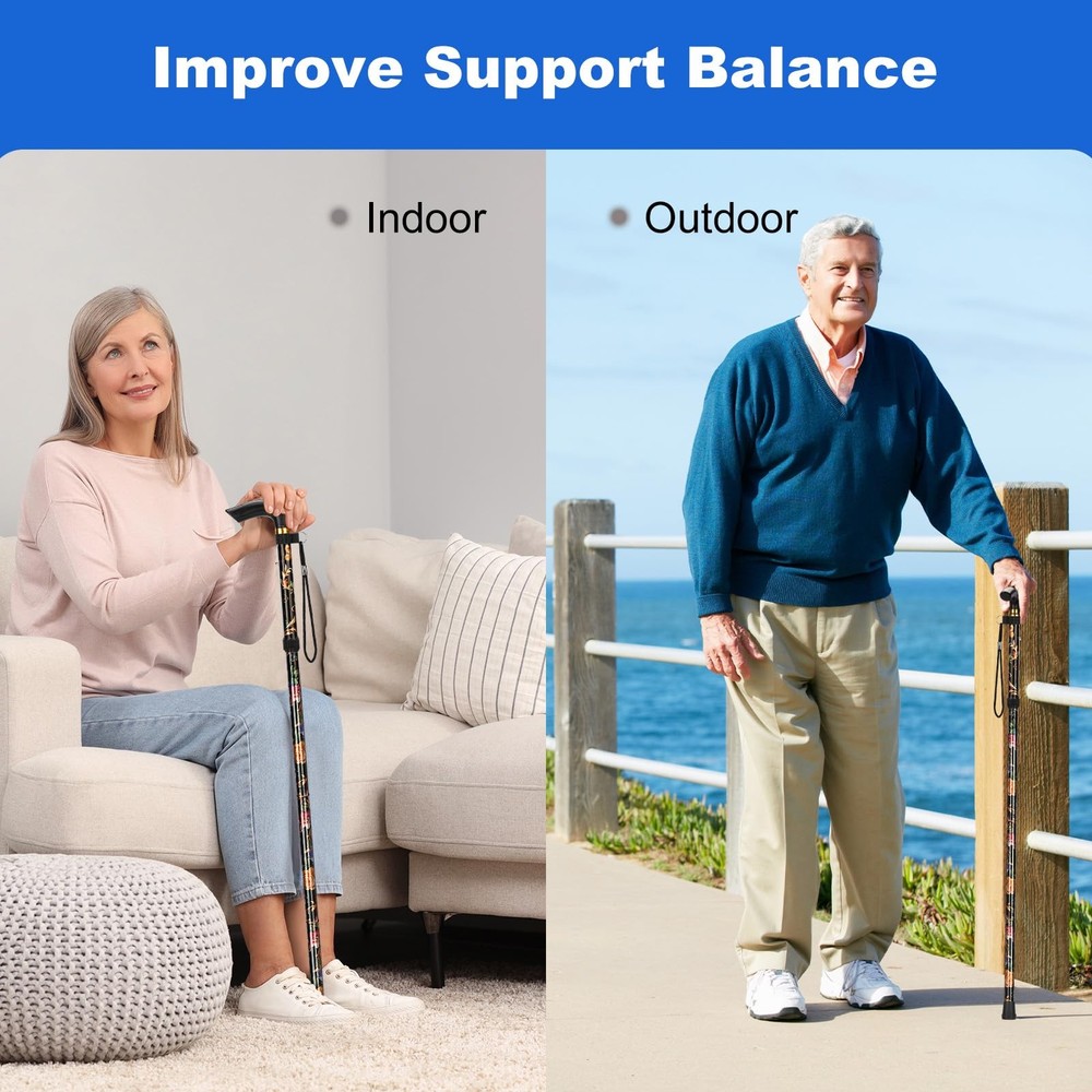 Folding Cane, 5-Level Adjustable Height Walking Stick Lightweight Wrist Straps