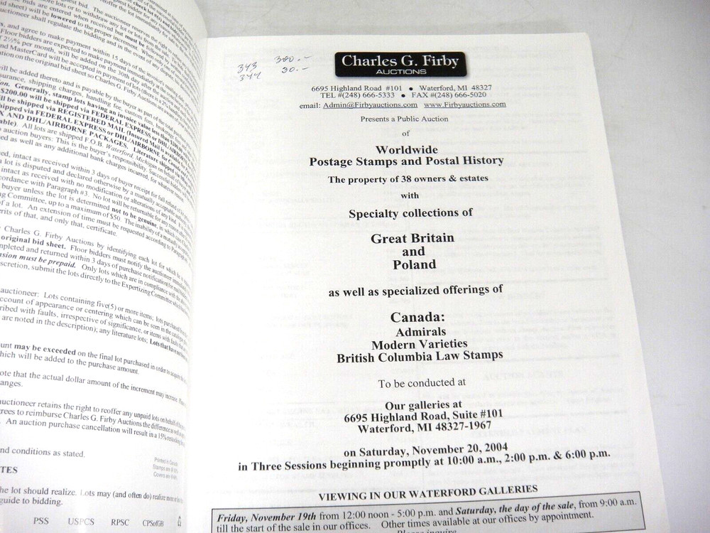 Firby Stamp Auction Catalog 2004 Worldwide Postal History Canada Admirals