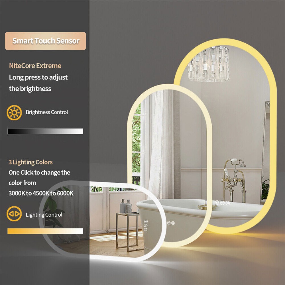 Frameless LED Bathroom Mirror 3 Color Dimmable Horizontal/Vertical Wall Mirrors