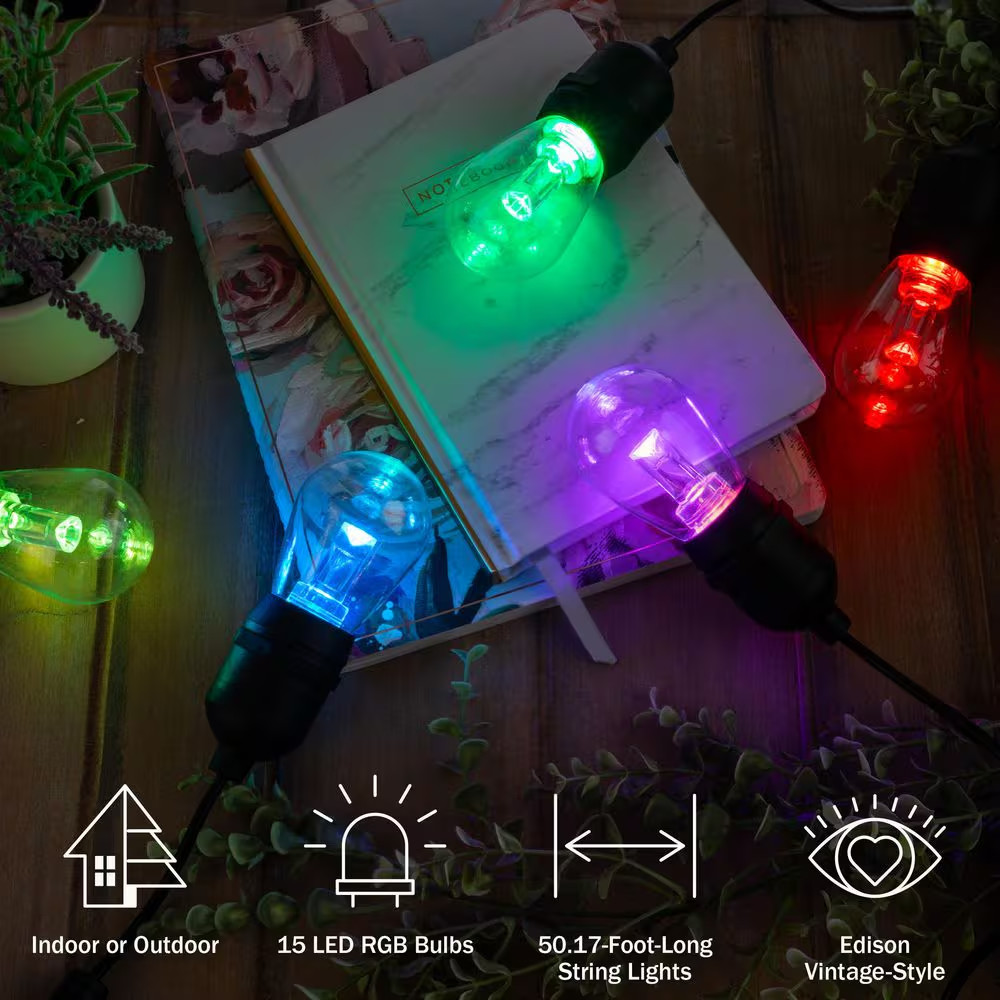 15 Edison String -Light - 50 Ft. Outdoor Plug-In Color-Changing Integrated LED E