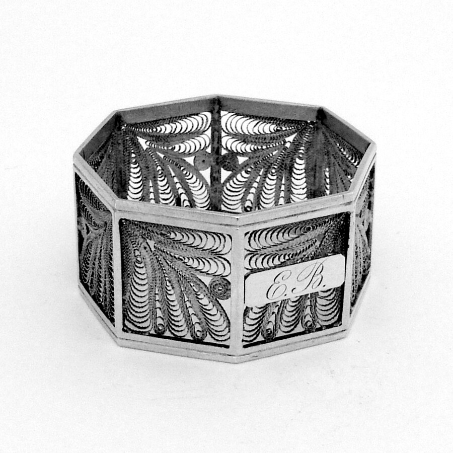 Filigree Design Silver Napkin Ring Octagonal Form Mono EB