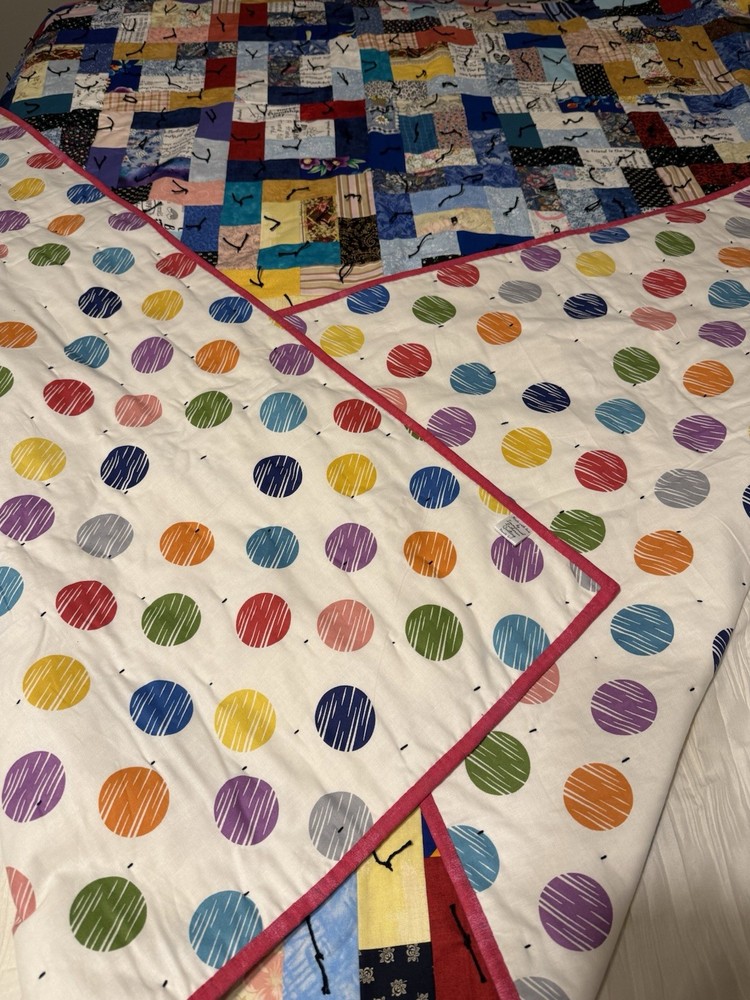 NEW BEAUTIFUL MULTICOLOR PATCHWORK 64”X 64” QUILT WITH DOTTED BACKING