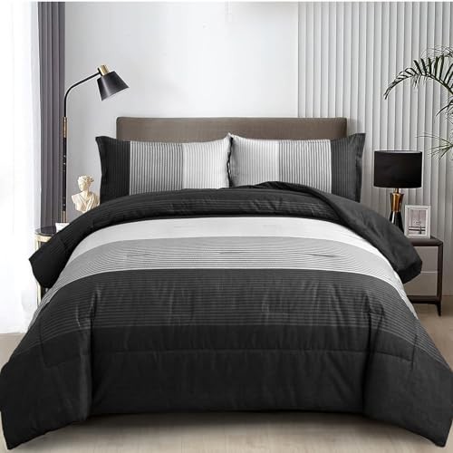 Comforter Set Reversible Grey Stripe Down Alternative Comforter Queen Black