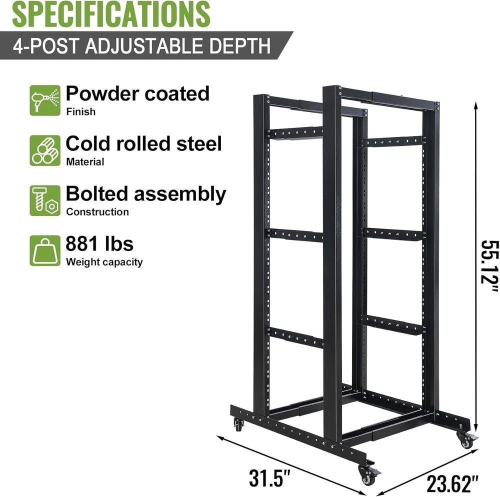 27U 4 Post Server Rack – Open Frame Rack for 19 Inch Equipment Adjustable Depth