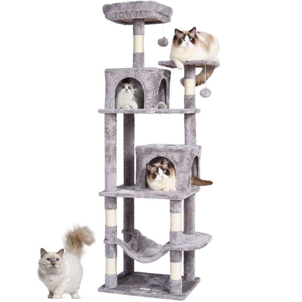 63in Space-Saving Cat Tree 2 Condos Hammock Perch Sisal Scratching Light Grey