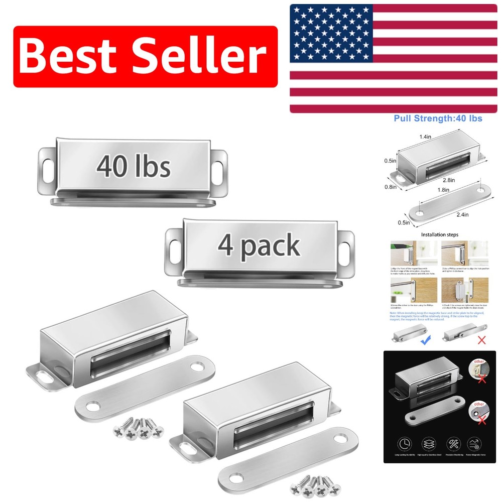 Secure Stainless Steel Magnetic Door Closers - 40 lbs Pull Strength, 4 Pack