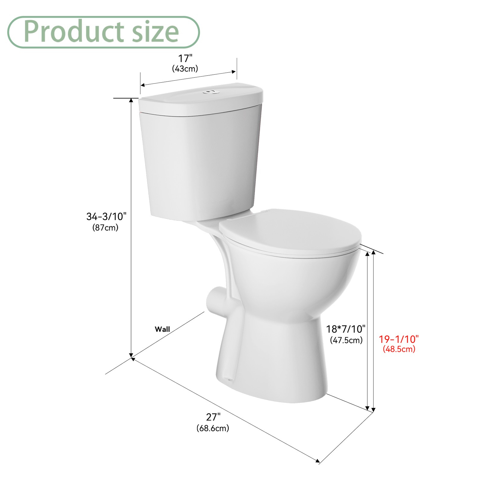19 inch Rear Outlet Toilet with Tank Powerful Flush with Extra Extension Pipe