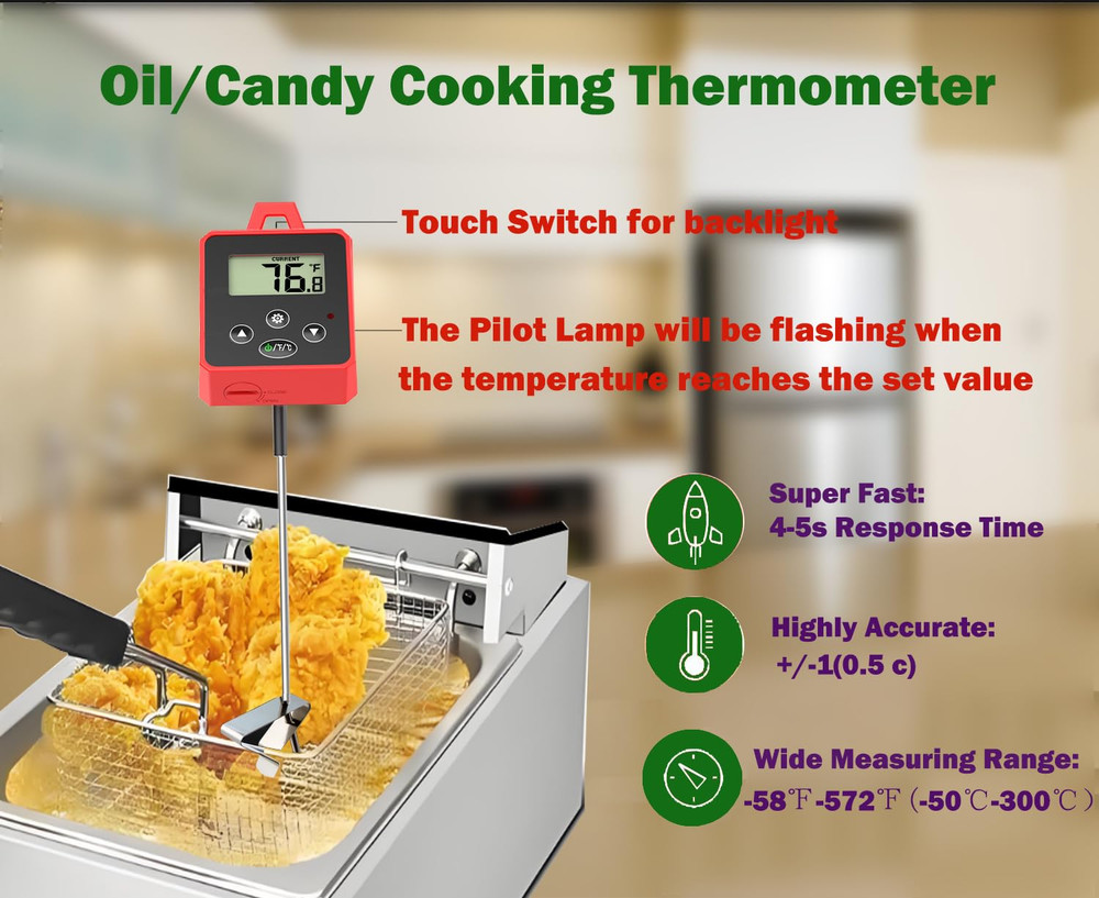 Digital Candy Thermometer with Pot Clip,Alarm Function,10'' Long Probe,Rotatable