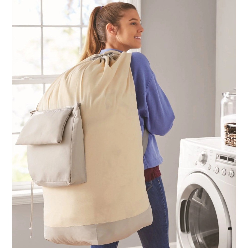 Durable Canvas Laundry Bag with Drawstring and Pocket, 26" x 37"