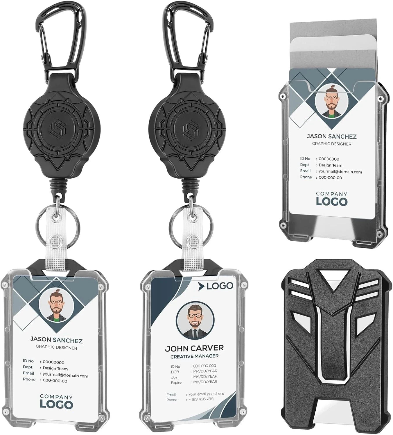 2 Pack Retractable Keychain with ID Card Holder, Heavy Duty Carabiner Badge Hold