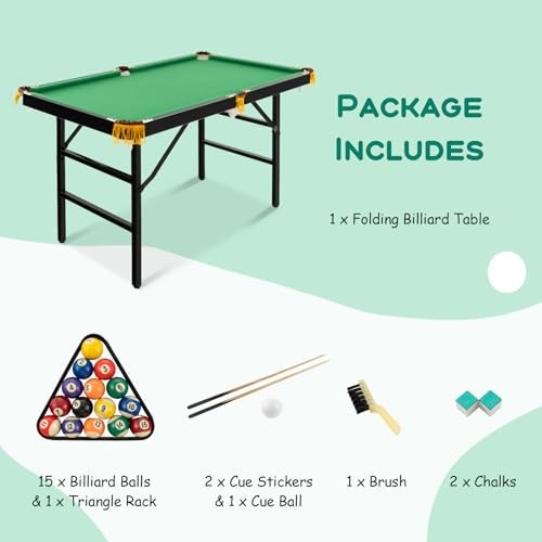 47" Folding Billiard Table, Pool Game Table Includes Balls, Black & Green