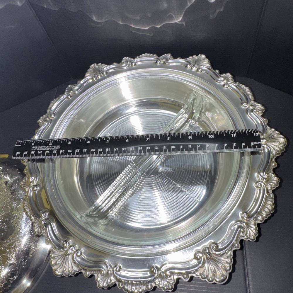 Silver- plated covered,divided dish insert (mid‑century, Rococo style)