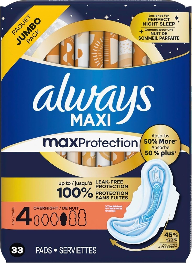 Always Maxi Pads Size 4 Overnight Absorbency Unscented 33 Count