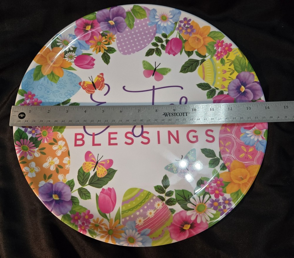 Easter Blessings Serving Platter Flowers Butterflies Easter Eggs Bright 14in