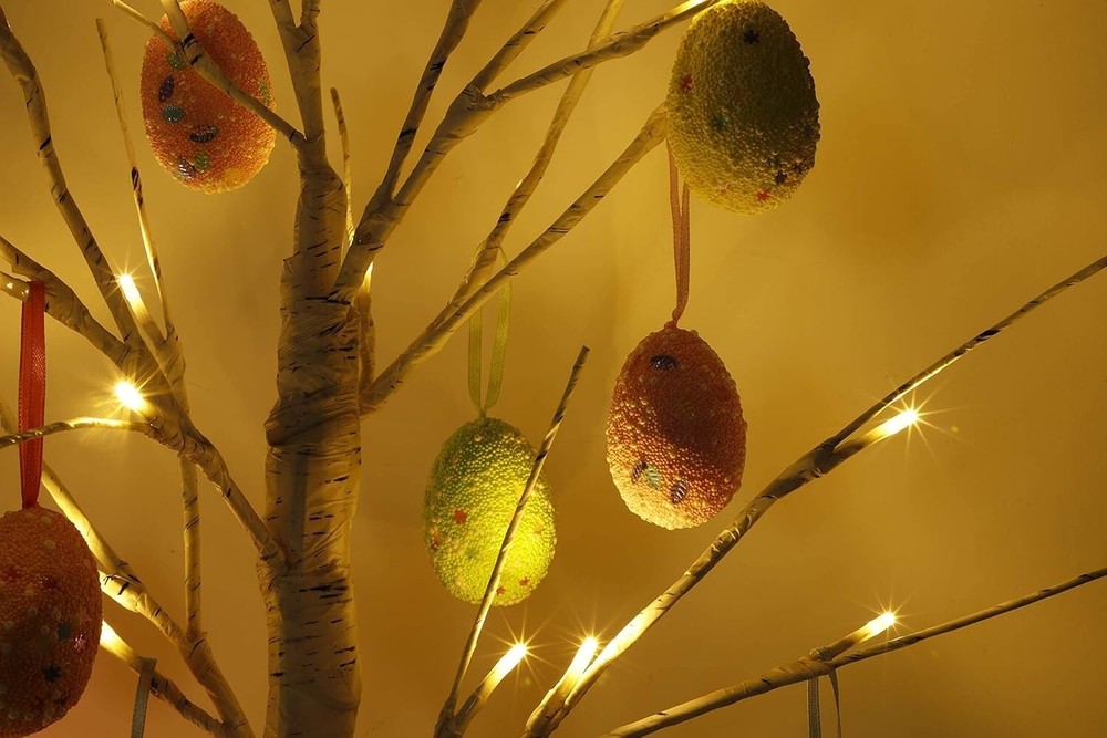 Easter Decorations 24 Inch Pre-Lit White Birch Tree with 10 Hanging Easter Egg