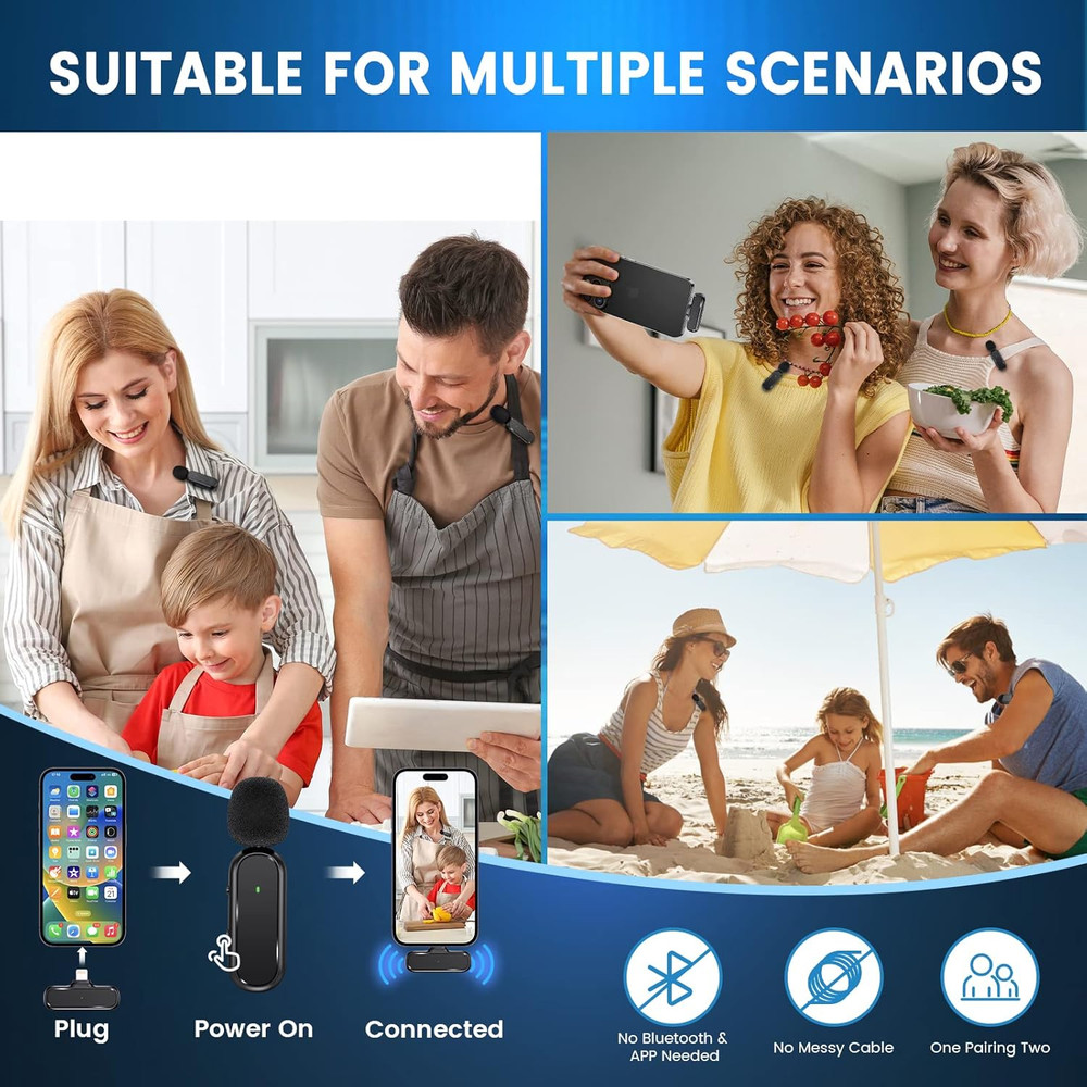Wireless Lavalier Microphone - Plug & Play Dual Mic System for iPhone iPad with