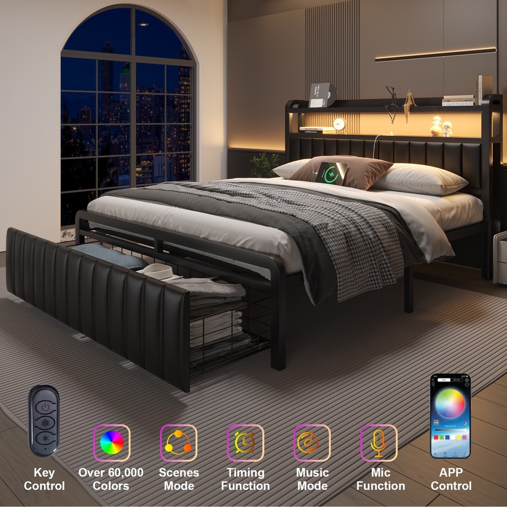 Full Queen Size Metal Platform Bed Frame with Drawer&LED&Charging Headborad
