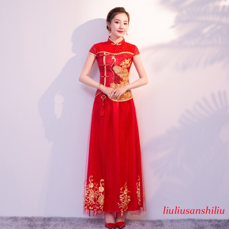 Chinese Traditional Wedding Dress Bride Red Shirt+Skirt Women Embroidery Gown