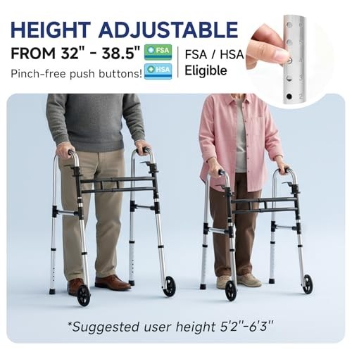 Foldable Aluminum Walker for Seniors - Lightweight, Adjustable Height & Width, 3