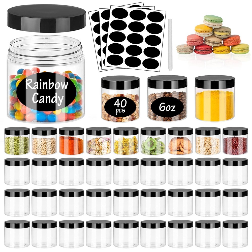 6OZ Plastic Jars with Black Lids 40Pcs Empty Plastic Pot Jars Round Refillabl...