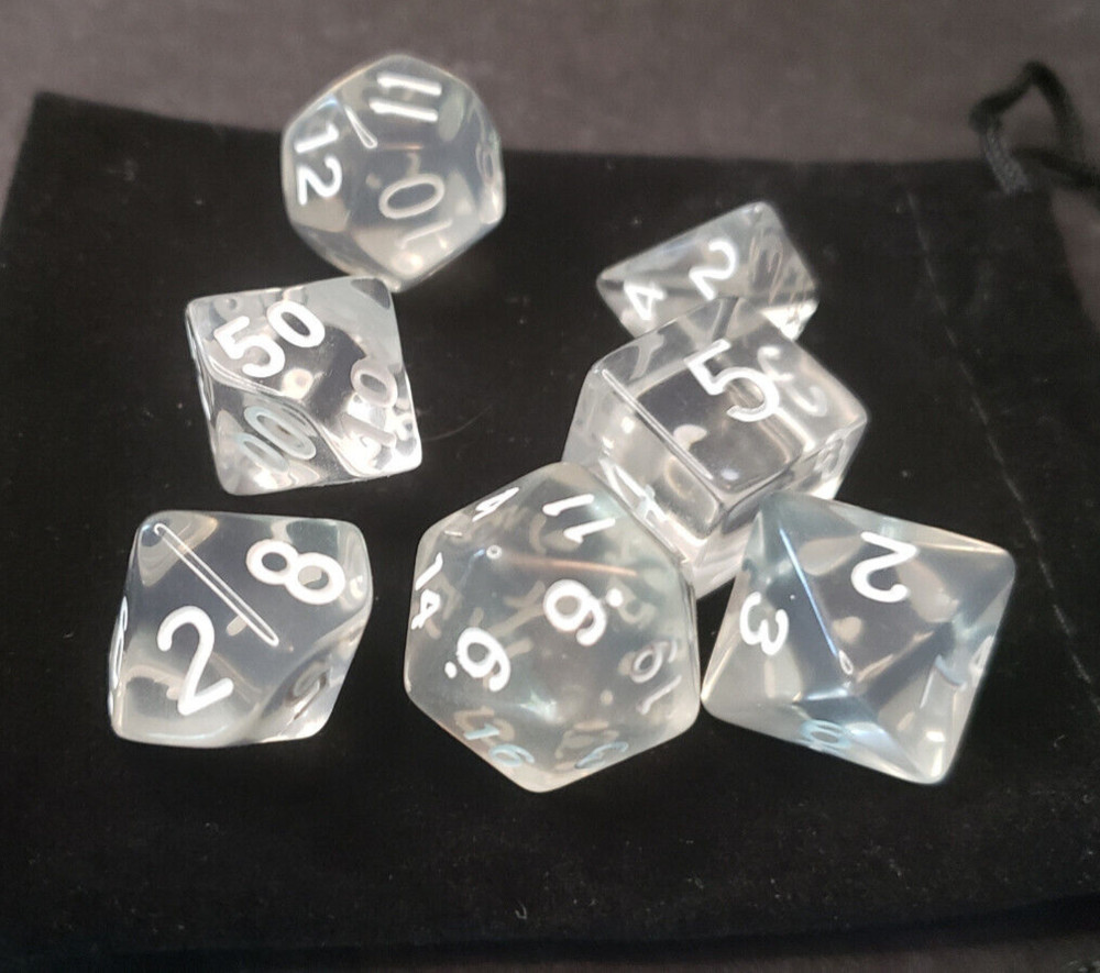 7 polyhedral dice set - Clear Translucent with White Numbers