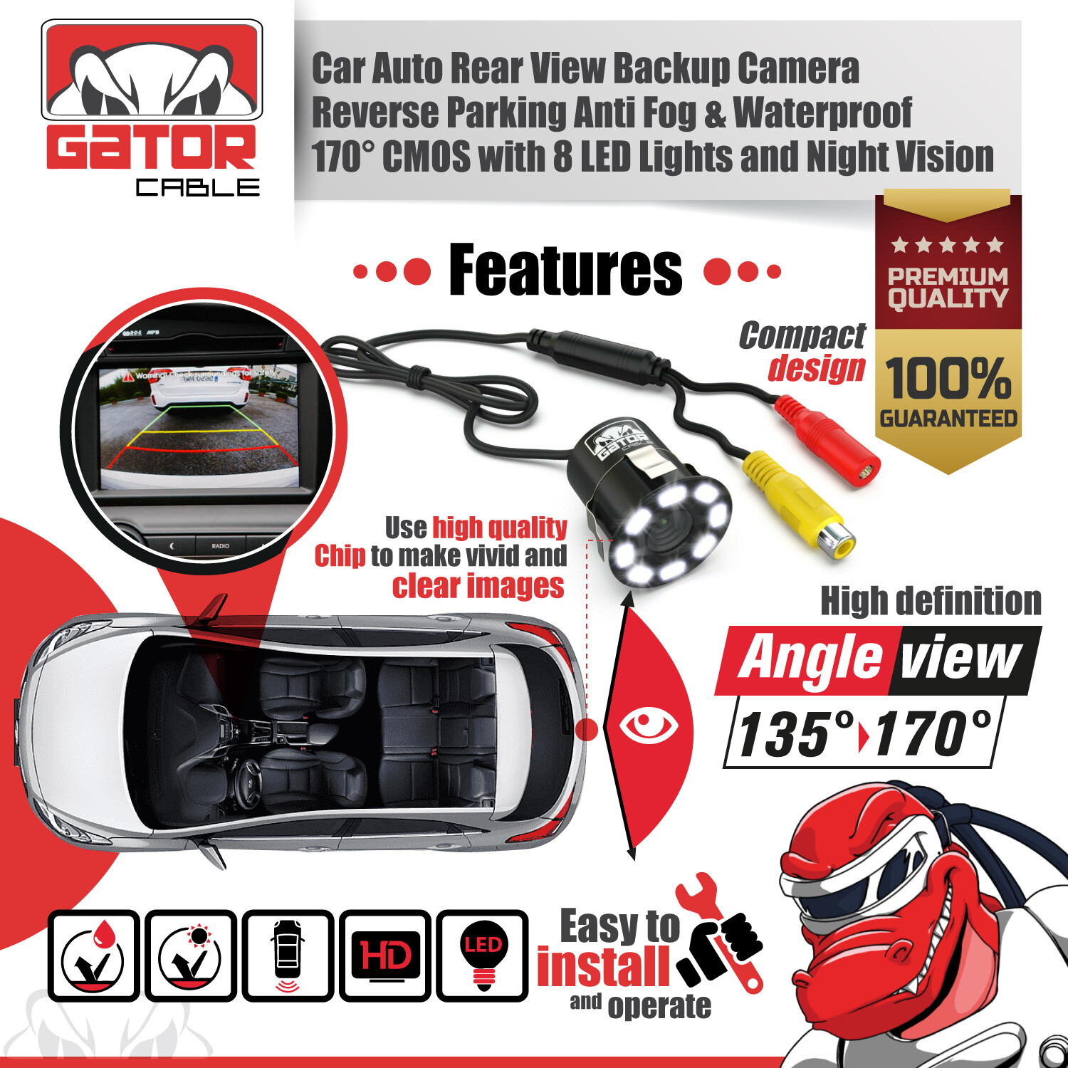 Car Rear View Backup Reverse Camera 170° CMOS 8 LED HD Night Vision Waterproof