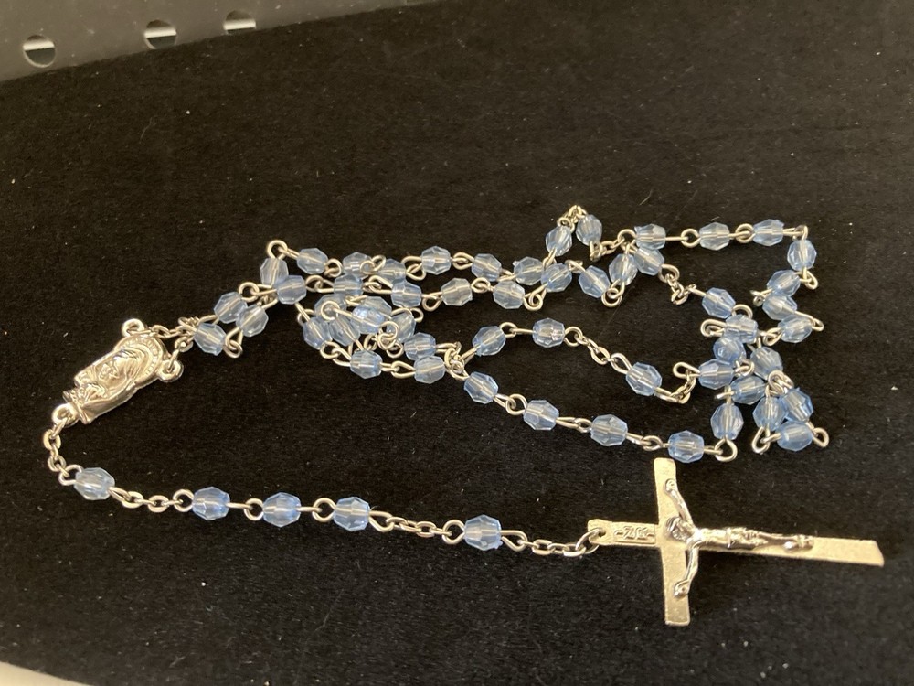Rosary: Light Blue Beads w Silver Tone Chain 18"