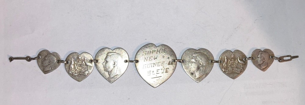 1944 WWII Trench Art US Army or Navy Australia Silver Coins Bracelet New Guinea