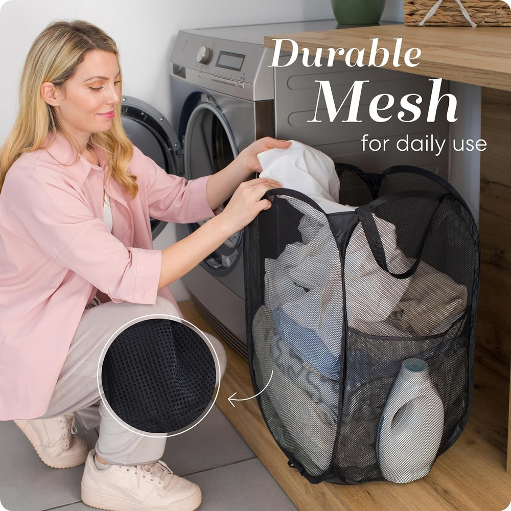 Pop Up Laundry Hamper Basket with Side Pocket – Foldable Fabric Bin for Clothes