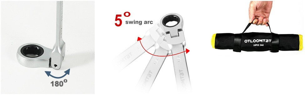 10pcs SAE Ratcheting Combination Wrench Set Flex Head Fixed Head Spanners kit