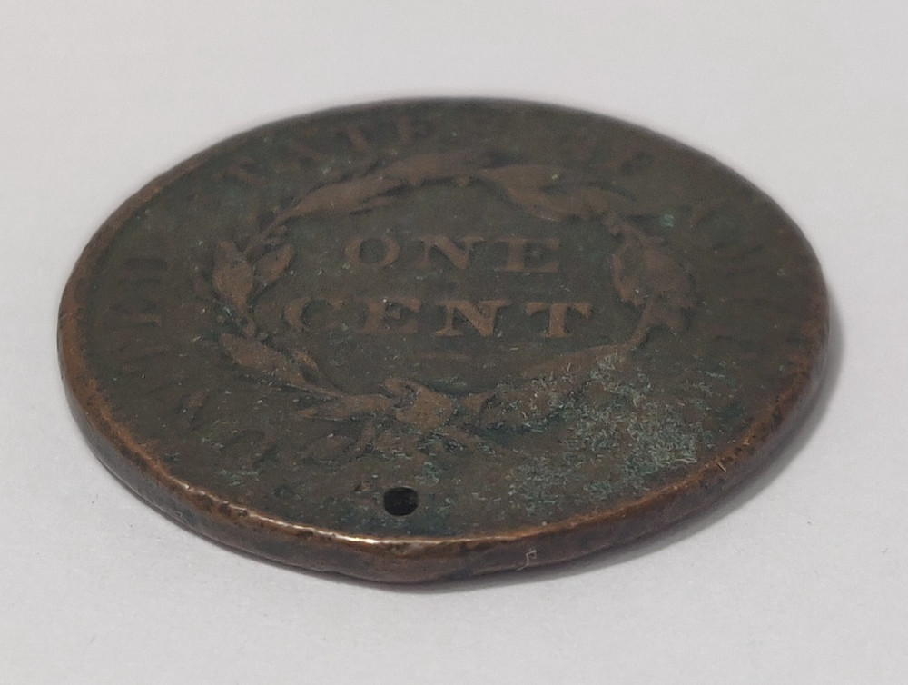 1837 LARGE CENT CORONET HEAD SURFACE DAMAGED + HOLED + SMASHED