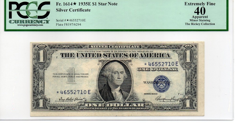 PCGS40 1935E $1 SILVER CERTIFICATE STAR NOTE (APPARENT - STAINING)