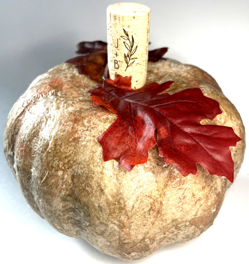 Faux Pumpkin Custom Decoupaged Finish Applied Cork Stem Fall Decor