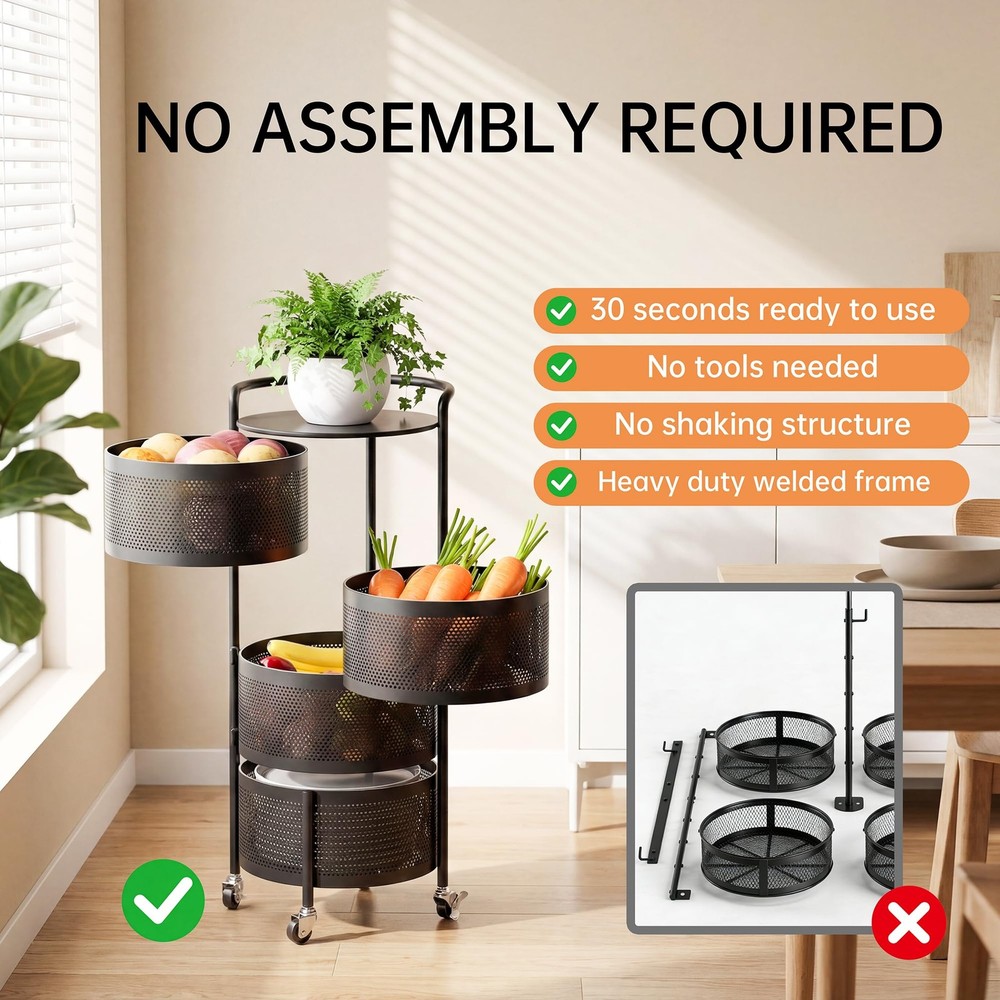 No Assembly Integrated Vegetable Storage Rack, 4-Tier Rotating Fruit Basket w...