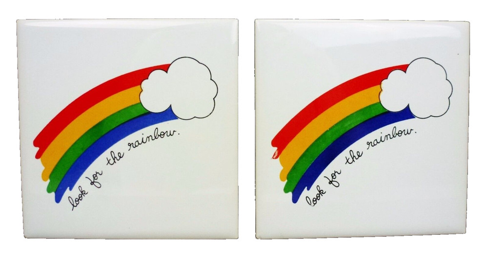 2 Trivets “Look For The Rainbow” Ceramic Cathay Tile Footed Trivet