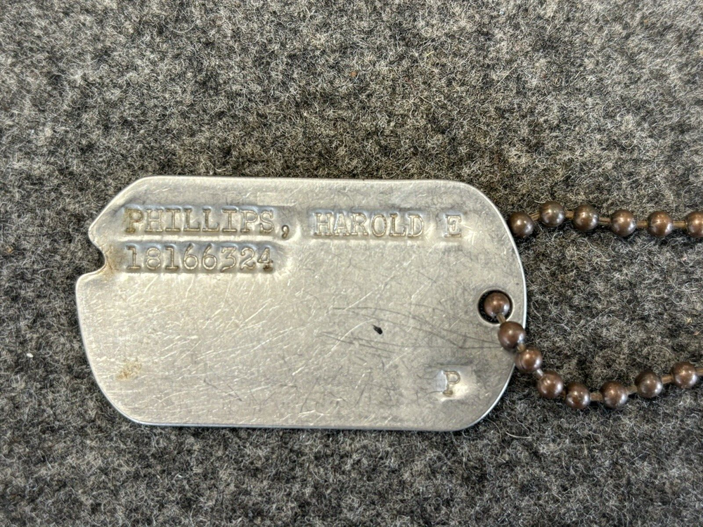 Single Dogtag for PHILLIPS, HAROLD, E, 18166324, P on Large Diameter Chain