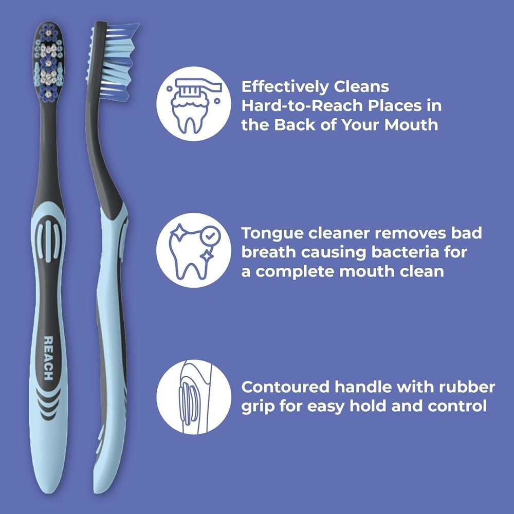 Reach Essentials Medium Toothbrush with Covers & Tongue Scraper 6 Pack