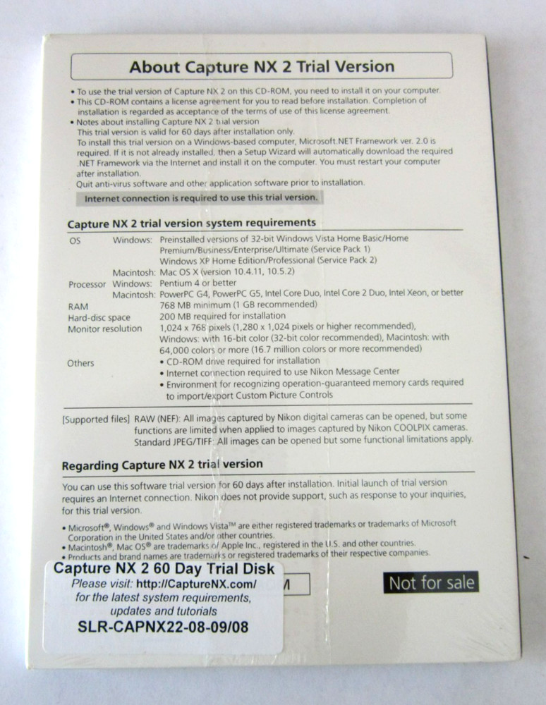 Nikon Capture NX 2 Camara Software CD Trial Version Windows & Mac Computer