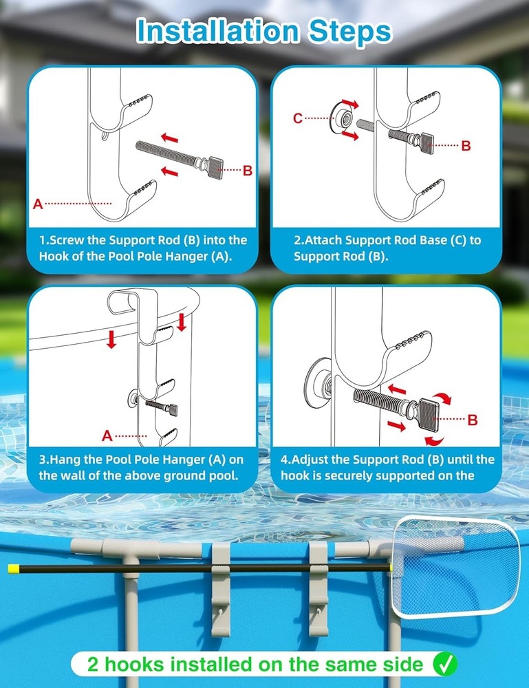 Adjustable Pool Hook for Poles - 3-Hook Pool Accessories Organizer