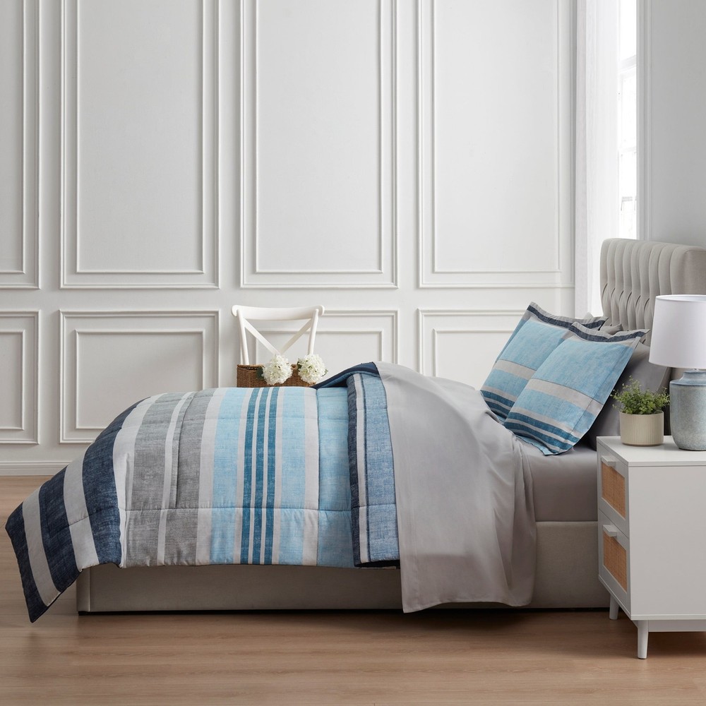 All in One Reversible Comforter & sheet set- 7 Piece Queen Blue Stripe