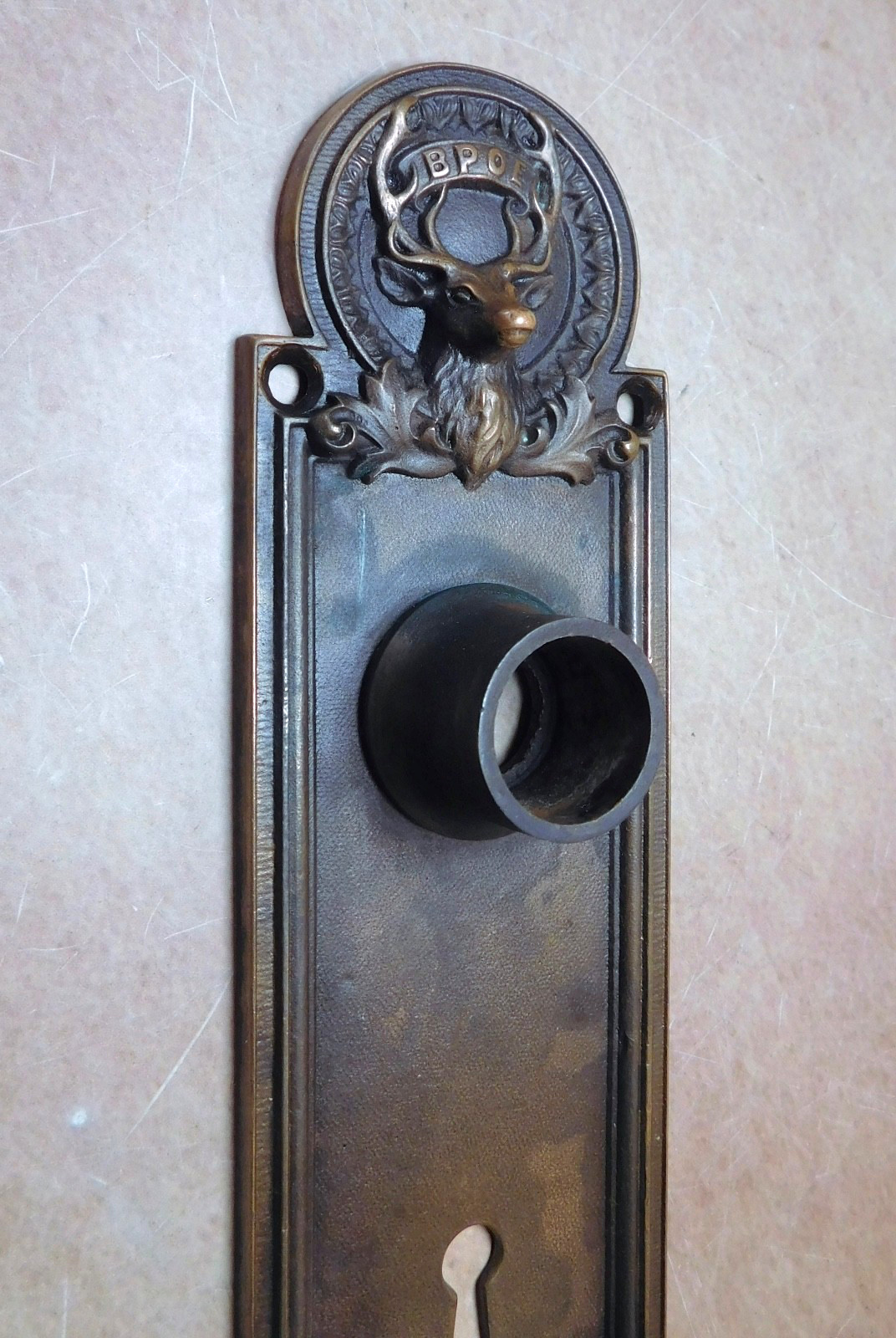 Antique BPOE Elk door back plate cast brass bronze emblematic escutcheon