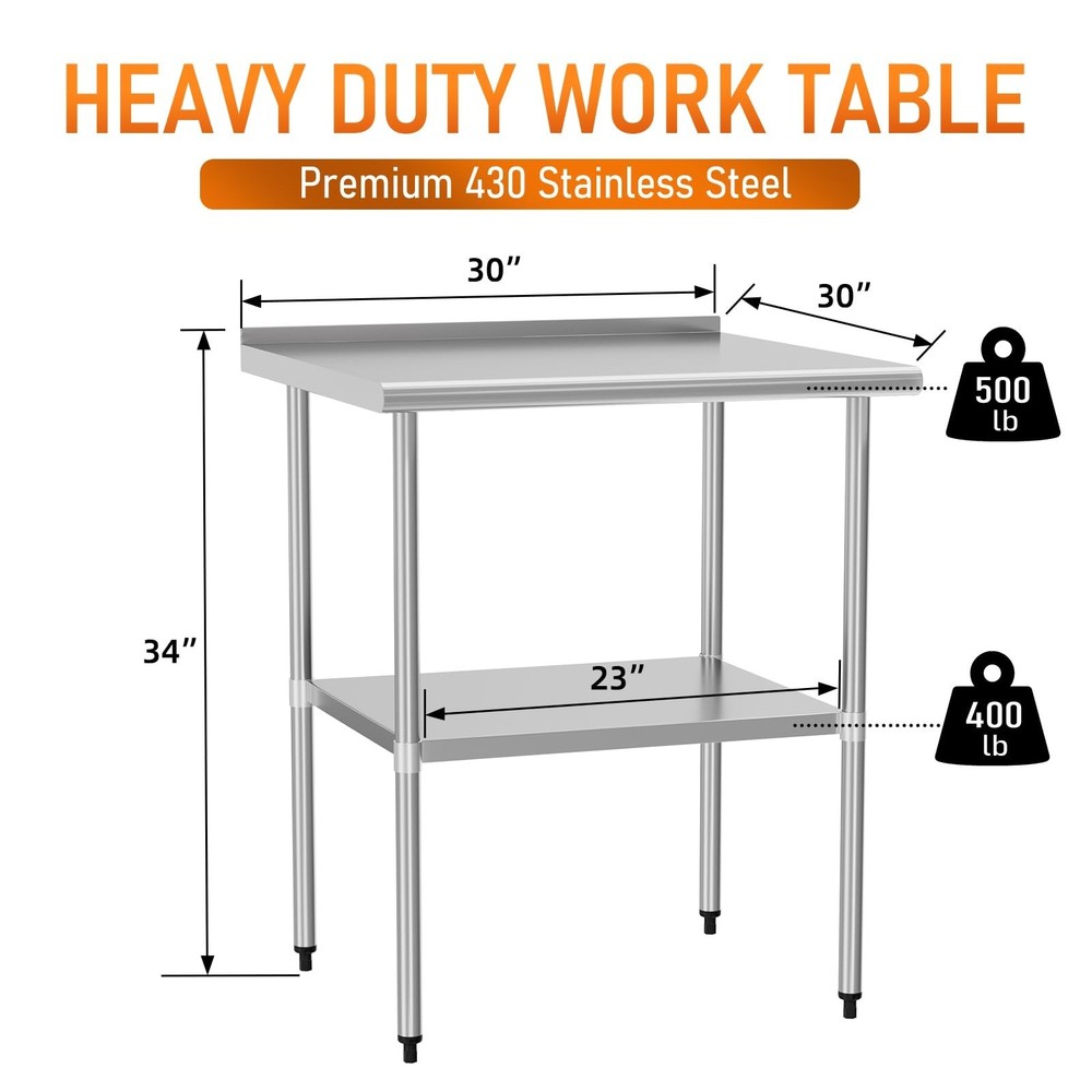 Stainless Steel Table for Prep & Work 30" X 30" inches with Adjustable Unders...
