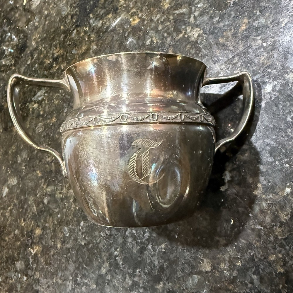 Antique Poole Silver Co EPNS Cream & Sugar set Adam Silverplated Monogrammed “T”