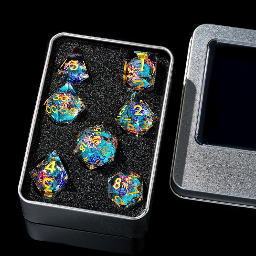 Octopus Liquid Core DND Dice Set, 7Pcs Sharp Edge D&D Dice with Gift Box, for...