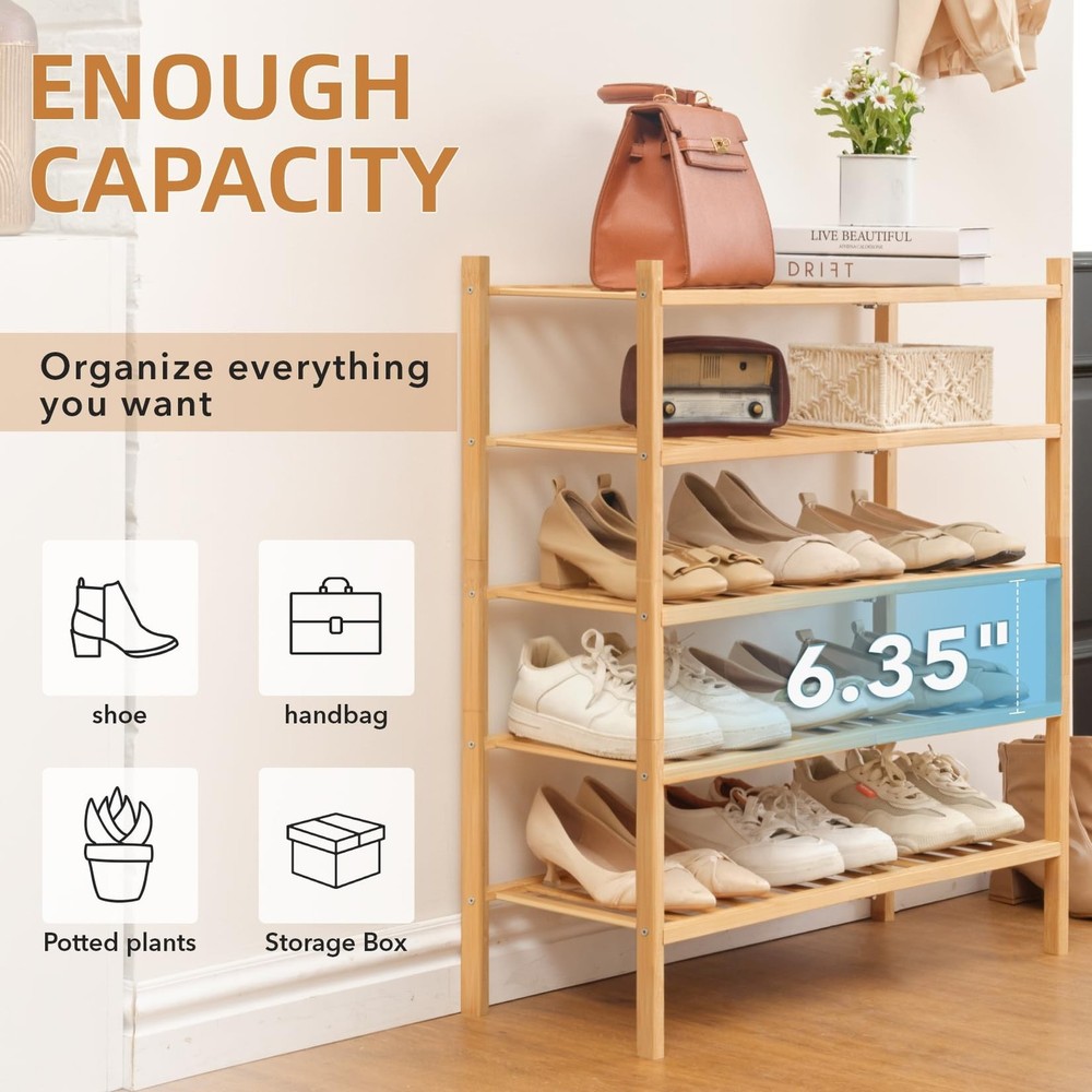 5 Tier Bamboo Shoe Rack Storage Organizer for Closet, Multifunctional Stackab...