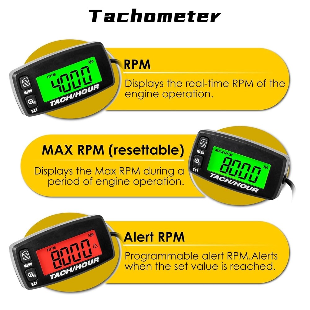 Digital Tachometer Hour Meter Waterproof Backlit Battery Replaceable for Engines