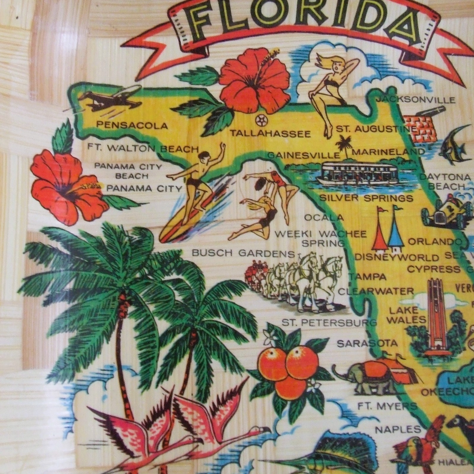 Carrib Novelty Florida State Map Square 11" Bamboo Bowl Retro Inspired Souvenir